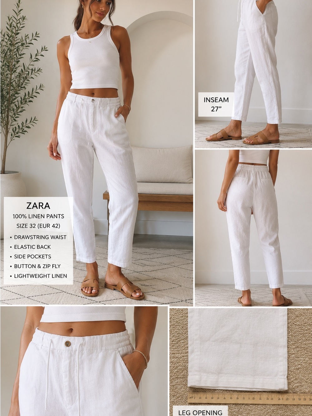 Zara White Linen Drawstring Pants